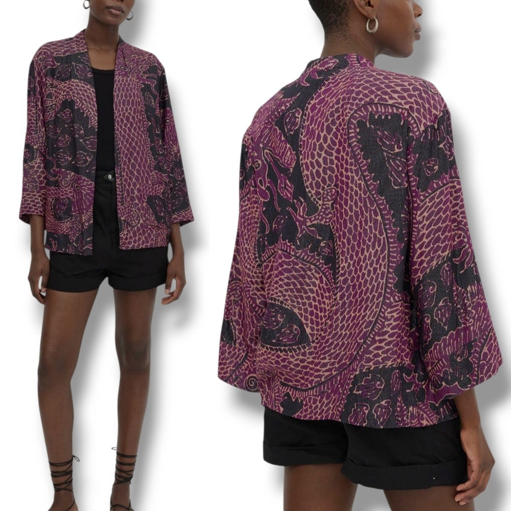 NWT Warm Purple Metallic Pinstripe Dragon Lightweight Open Front Cardigan Medium